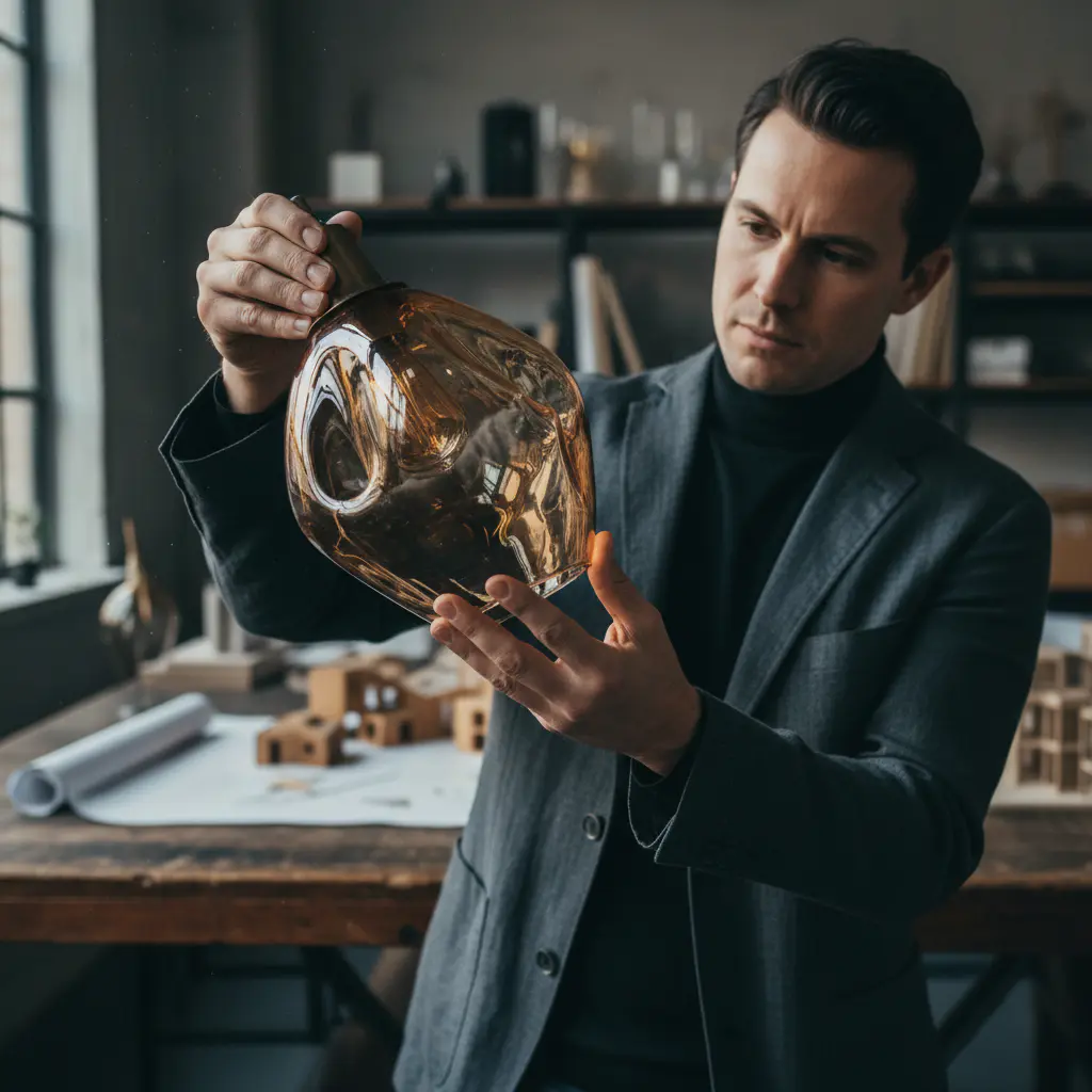 Designer inspecting glass pendant